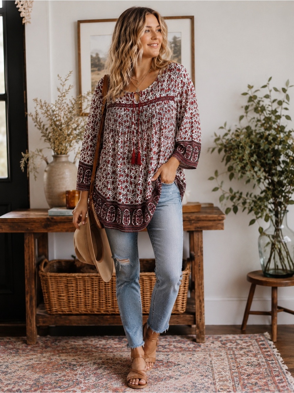 Lucky Brand 2X Floral Boho Peasant Tunic Top Tassel 3/4 Sleeve Plus Size